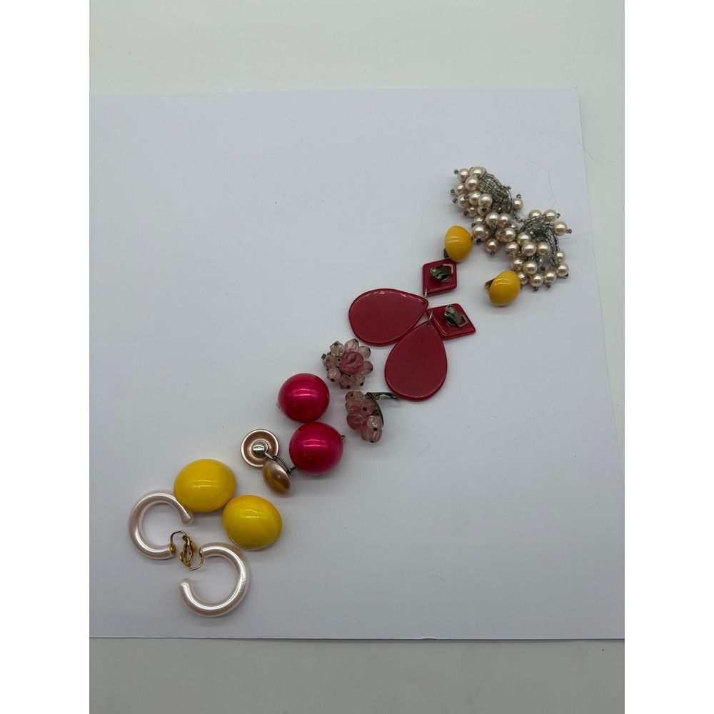 Vintage Clip On Earrings Lot 8 Pairs Colorful Retro Resin Faux Pearl Floral
